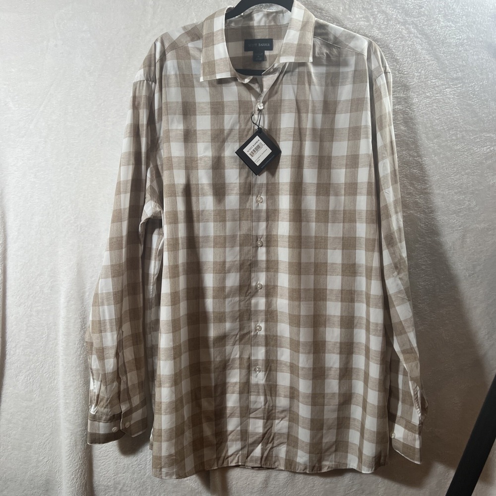 NWT Scott Barber Men's XL Tan Check Button Down Cotton Blend Shirt(0499-0135)